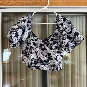J. Crew Navy Blue and White Floral Cropped, Ruched Blouse